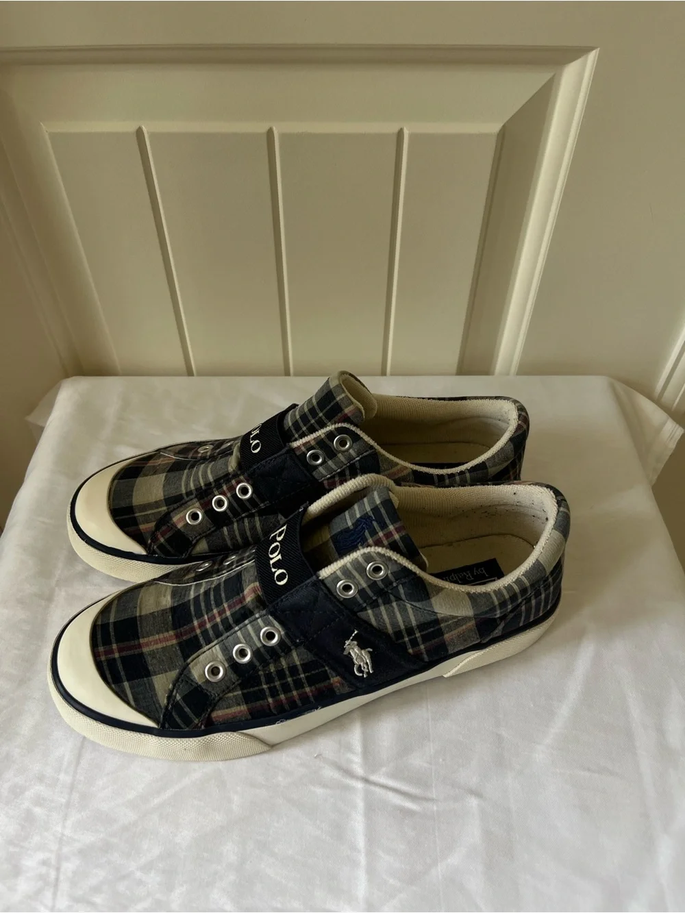 Polo by Ralph Lauren Men’s Plaid Slip-On Sneakers in Navy and Cream